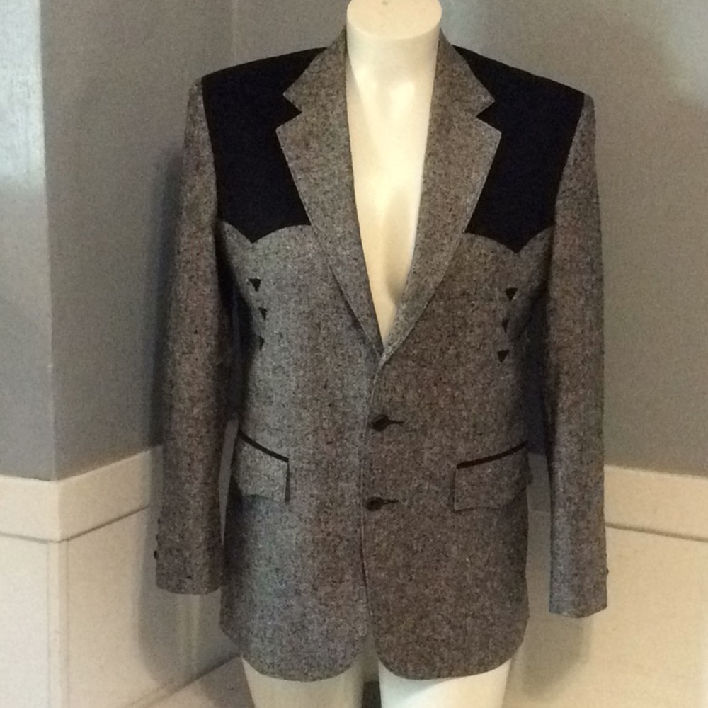 Pagano West Mens 44R to 46R Black Tweed Western Style Tailored Suede Sport Coat